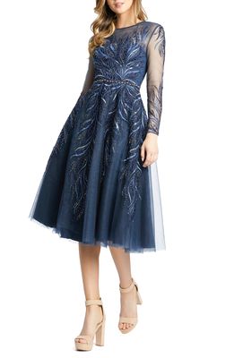 Mac Duggal Embellished Long Sleeve Fit & Flare Midi Cocktail Dress in Twilight
