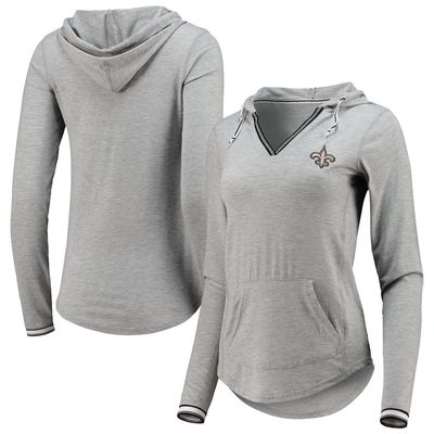 Women's Antigua Heathered Gray New Orleans Saints Warm-Up Tri-Blend Hoodie Long Sleeve V-Neck T-Shirt in Heather Gray
