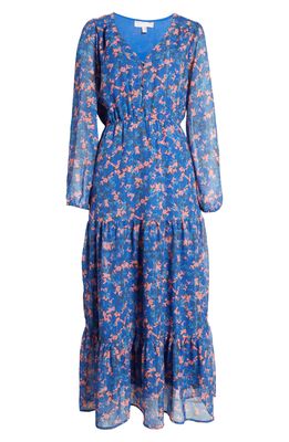 Chelsea28 V-Neck Long Sleeve Tiered Maxi Dress in Blue- Coral Scatter