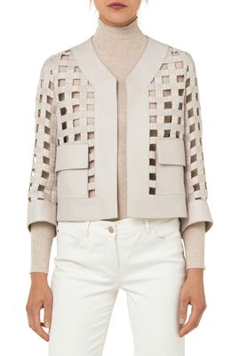 Akris Open Grid Leather Trimmed Crop Jacket in Cream