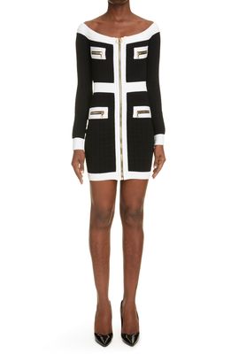 Balmain Off the Shoulder Long Sleeve Body-Con Sweater Minidress in Eab Noir/Blanc