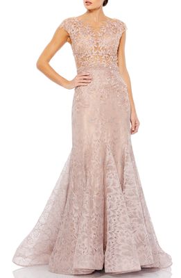 Mac Duggal Illusion Bodice Lace Trumpet Gown in Mocha