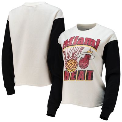 Women's Junk Food White/Black Miami Heat Contrast Sleeve Pullover Sweatshirt