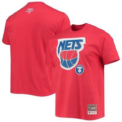 Men's AAPE x Mitchell & Ness Red New Jersey Nets Hardwood Classics Team T-Shirt