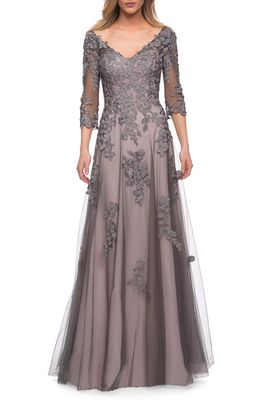La Femme Lace & Tulle A-Line Gown in Pink/Gray