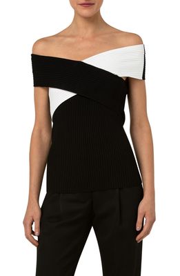 Akris punto Colorblock Off the Shoulder Rib Sweater in Cream-Black