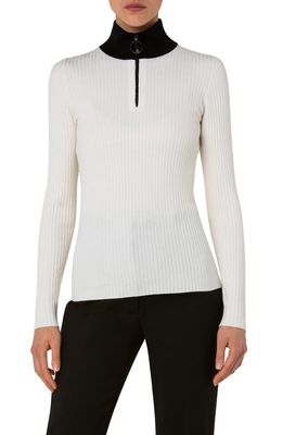 Akris punto Bicolor Rib Merino Wool Quarter Zip Sweater in Cream-Black