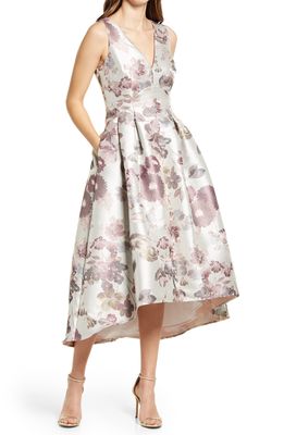 Eliza J Metallic Floral Jacquard High/Low Dress in Mauve/Silver