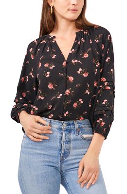 1.STATE Floral Print Pintuck Blouse in Black Blooms