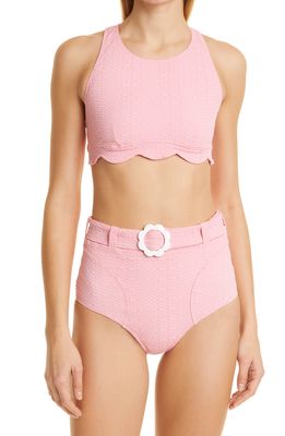 Lisa Marie Fernandez Scallop High Waist Two-Piece Swimsuit in Pink Seersucker