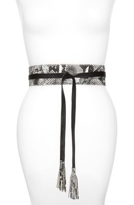 Raina Bronco Snake Embossed Leather Wrap Belt in Black And Gray