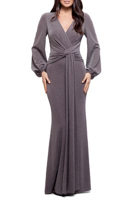 Betsy & Adam Metallic Knit Long Sleeve Gown in Taupe/Silver