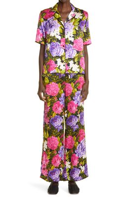 Richard Quinn Roxy Floral Print Silk Pajamas in Roxy Black
