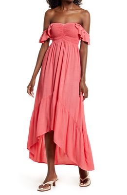 Area Stars Bella Smocked Off the Shoulder Maxi Dress in Coral
