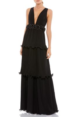 Ieena for Mac Duggal Plunge Neck Rosette Detail Pleated A-Line Gown in Black