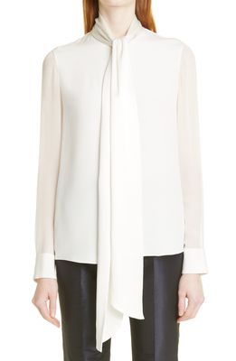 Adam Lippes Tie Neck High-Low Silk Blouse in Ivory