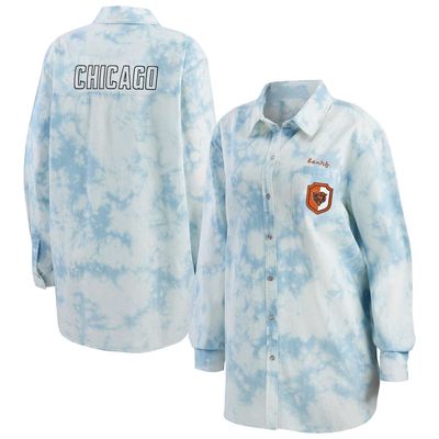 Women's WEAR by Erin Andrews Denim Chicago Bears Chambray Acid-Washed Long Sleeve Button-Up Shirt