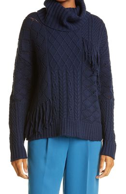 Haute Hippie Vanessa Cable Fringe Detail Merino Wool Sweater in Dark Blue