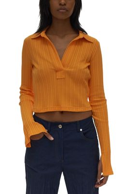 Helmut Lang Textured Stripe Crop Cotton Polo Shirt in Apricot