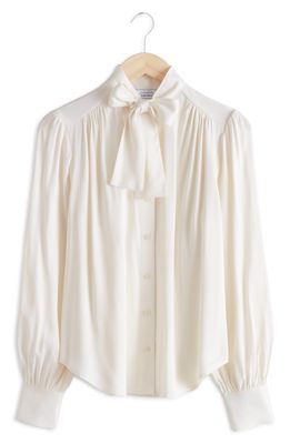 & Other Stories Tie Neck Silk Blouse in Offwhite