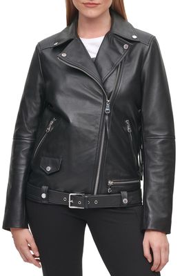 Karl Lagerfeld Paris Logo Fringe Leather Moto Jacket in Black