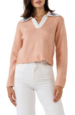 English Factory Floral Embroidered Sweater in Dusty Pink
