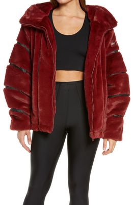 Alo Knock Out Hooded Faux Fur Hooded Jacket in Cranberry