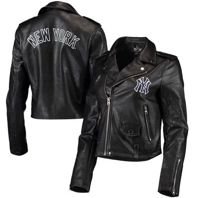 Women's The Wild Collective Black New York Yankees Faux Leather Moto Full-Zip Jacket