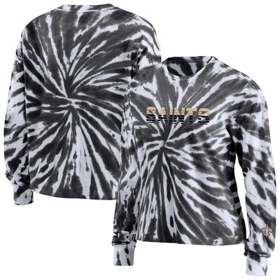 Women's WEAR by Erin Andrews Black New Orleans Saints Tie-Dye Cropped Long Sleeve T-Shirt