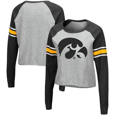 Women's Colosseum Heathered Gray/Black Iowa Hawkeyes Decoder Pin Raglan Long Sleeve T-Shirt in Heather Gray