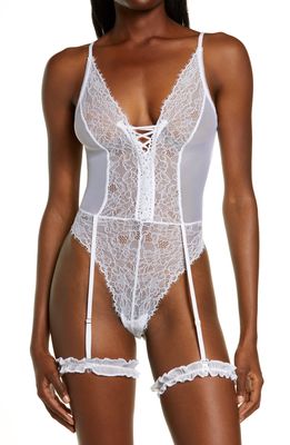 Mapale Strappy Lace Teddy with Garter Straps in White