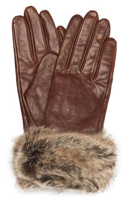 Barbour Faux Fur Trim Leather Gloves in Dark Caramel