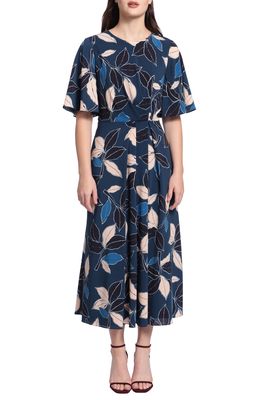 Maggy London Floral Midi Dress in Teal Blue/Cream