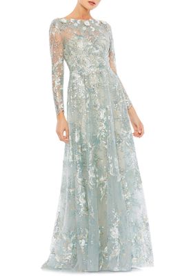 Mac Duggal Long Sleeve Applique Lace A-Line Gown in Mist