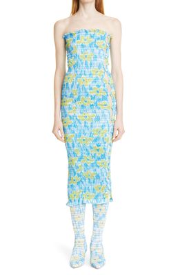 Amy Crookes Floral Print Shirred Tube Dress in Blue Daisy