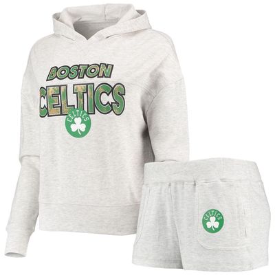 Women's Concepts Sport Cream Boston Celtics Crossfield Long Sleeve Hoodie Top & Shorts Sleep Set in Heather Gray