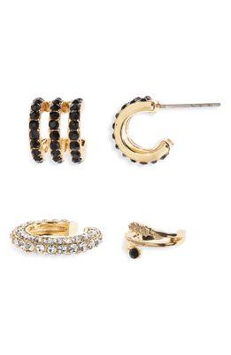 Open Edit 4-Pack Assorted Pave Ear Cuff & Huggie Hoop Set in Clear- Black- Gold