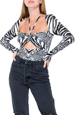 AFRM Assunta Halter Neck Zebra Print Bodysuit in Blanc Zebra