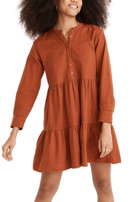 Madewell Long Sleeve Button Placket Tiered Cotton Flannel Minidress in Warm Nutmeg