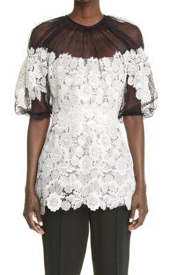 Lela Rose Floral Guipure Lace Puff Sleeve Blouse in Black/Ivory