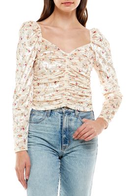 WAYF Closing Time Ruched Velvet Top in Beige Ditsy