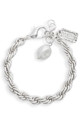 Karine Sultan Twisted Rope Imitation Pearl Charm Bracelet in Silver