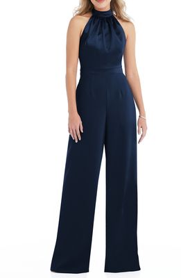 After Six Halter Neck Satin Charmeuse & Crepe Jumpsuit in Midnight