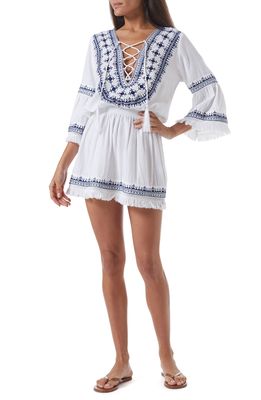 Melissa Odabash Martina Embroidered Lace-Up Linen & Cotton Cover-Up Dress in White/Navy