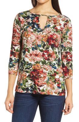 Loveappella Floral Keyhole Top in Marsala/Olive