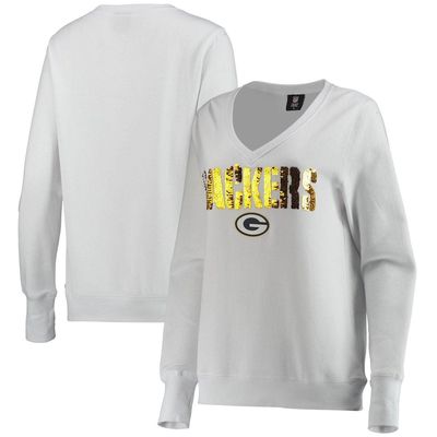 Women's Cuce White Green Bay Packers Victory V-Neck Pullover Sweatshirt