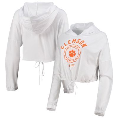SUMMIT SPORTSWEAR Women's White Clemson Tigers Poppy Cinched Cropped Hoodie Long Sleeve T-Shirt