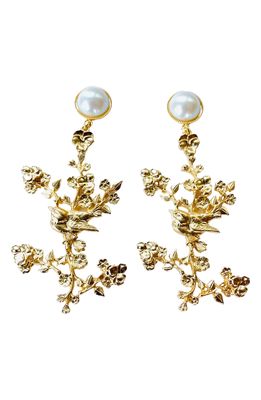 The Pink Reef Chinoiserie Floral Drop Earrings in Gold/Pearl