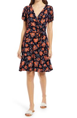 Loveappella Loveapella Floral Wrap Front Short Sleeve Dress in Navy/Tomato