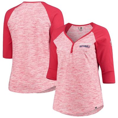 Women's New Era Red Washington Nationals Plus Size Space Dye 3/4-Sleeve Raglan Henley T-Shirt